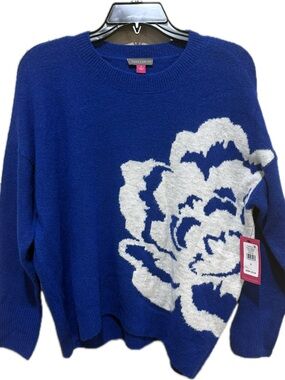 Vince Camuto Cobalt Blue Crewneck Sweater with White Floral Intarsia